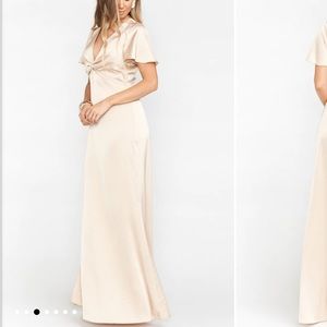 Selling a satin champagne gown. Worn ONCE. Has been hemmed. I am 5,4”.